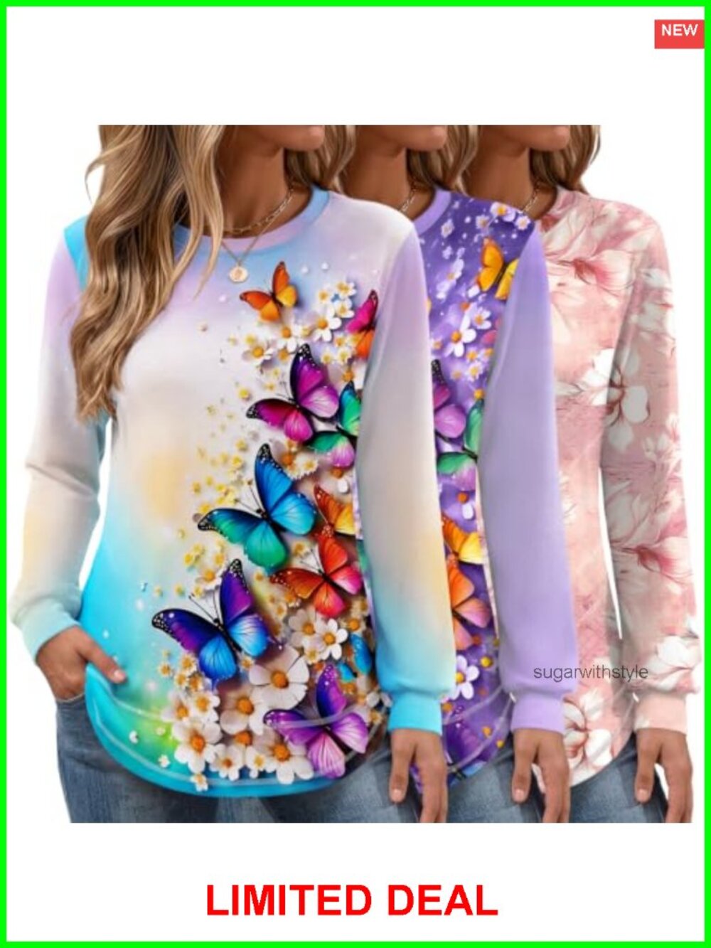 3 Pack Long Sleeve Crew Neck Sweatshirts Curved Hem Women's Tops